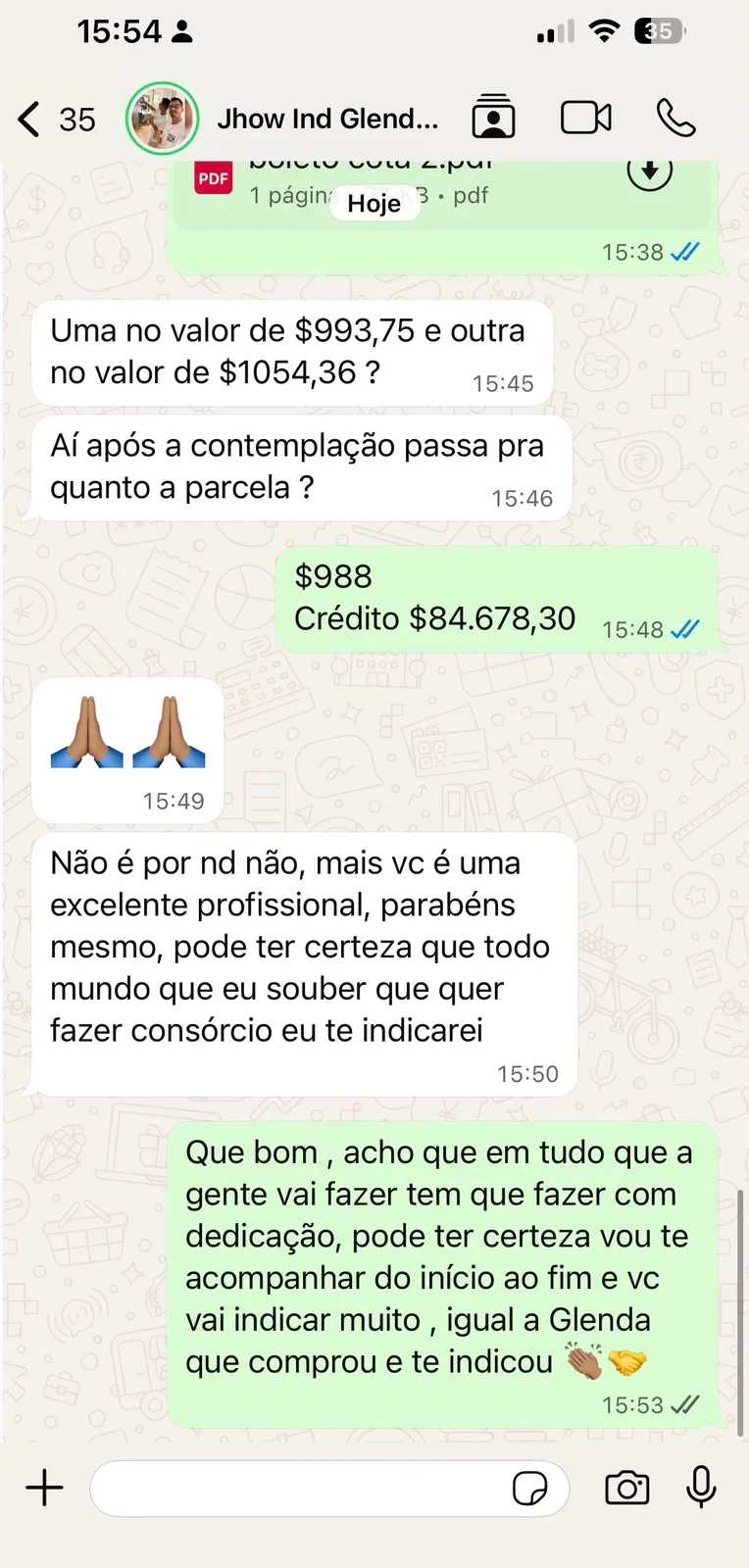 Depoimento de cliente da Global Investimento elogiando o atendimento e prometendo indicar o consórcio